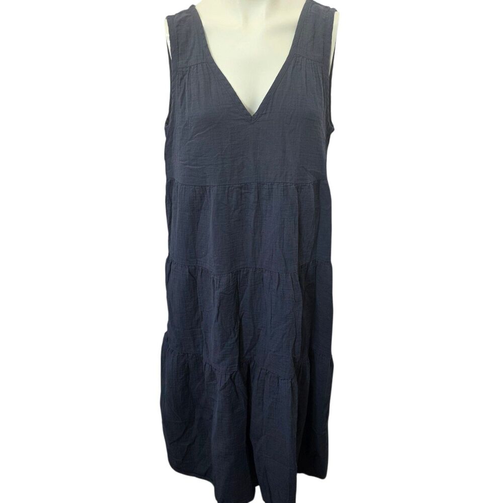 Quince Organic Cotton Tiered Midi Dress XL Navy Sleeveless Boho Cottage